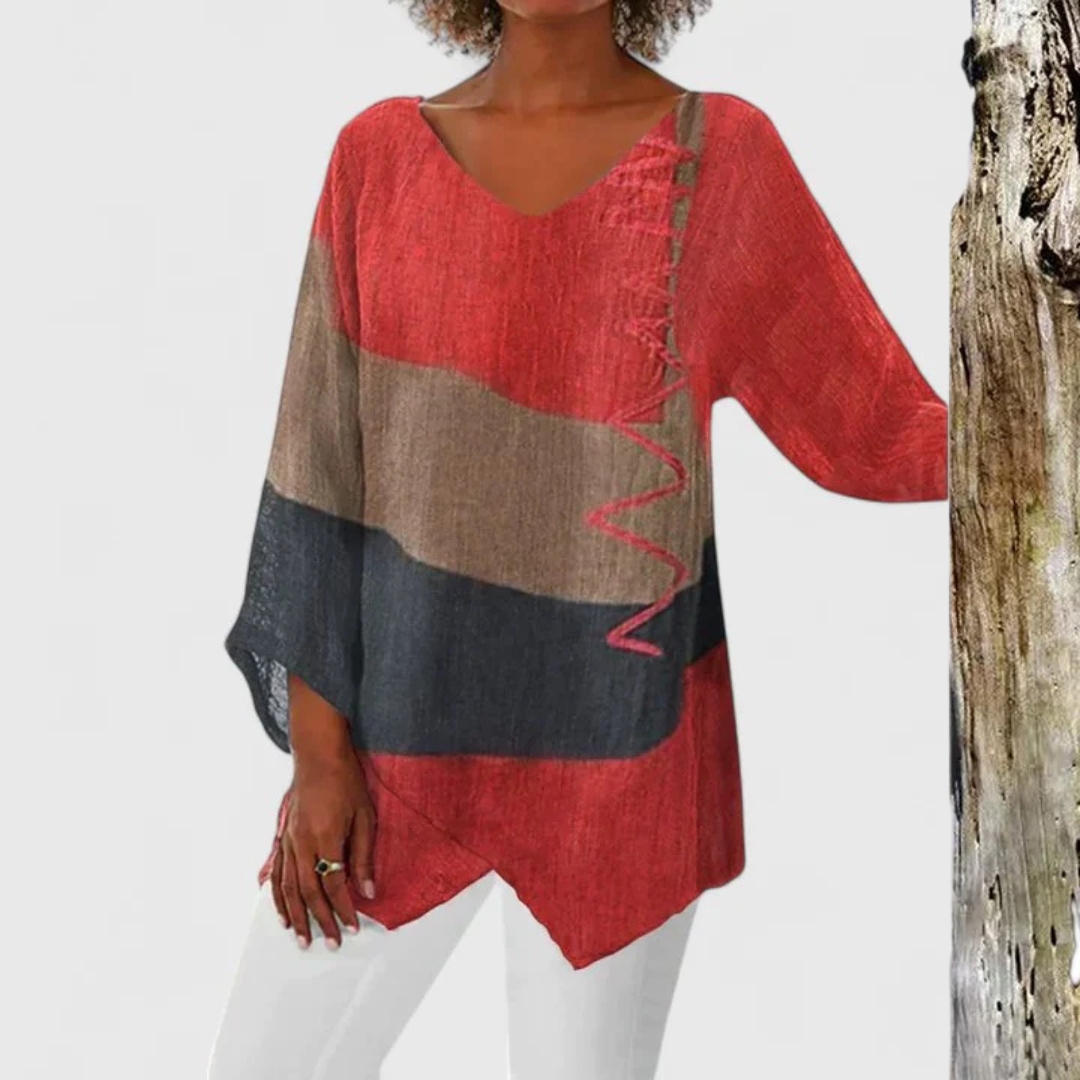 Women's Tunic V-Neck Soft Fabric Asymmetrical Hem Artistic Print 0