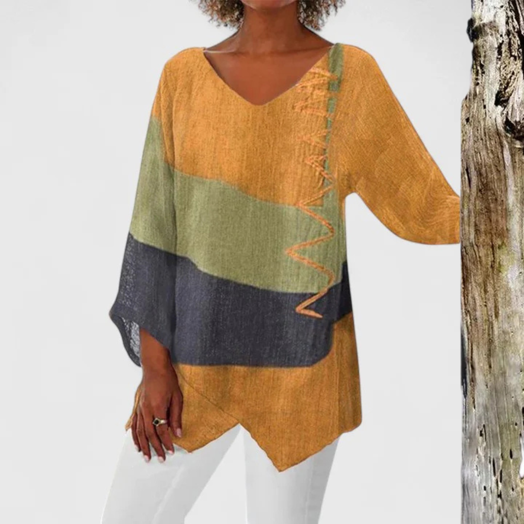 Women's Tunic V-Neck Soft Fabric Asymmetrical Hem Artistic Print 1