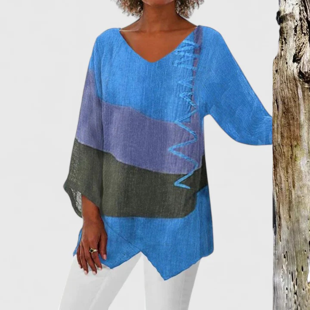Women's Tunic V-Neck Soft Fabric Asymmetrical Hem Artistic Print 2