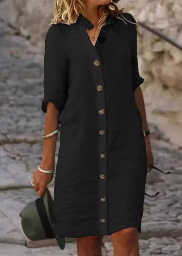 Women's Mini Sun Dress Button Front Roll Sleeve Casual