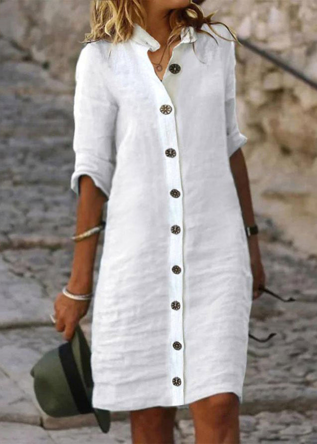 Women's Mini Sun Dress Button Front Roll Sleeve Casual