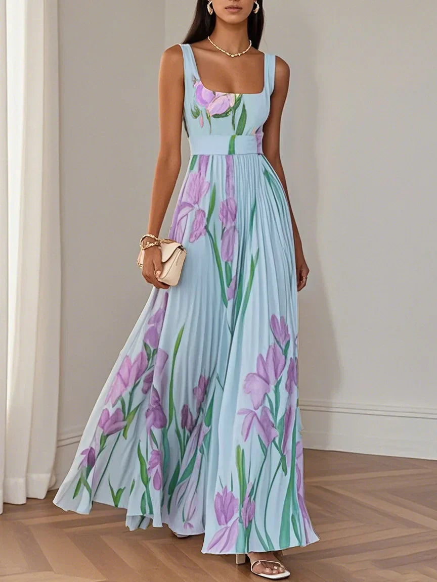 Women's Maxi Wedding Guest Dress Pleated V-Neck Long Sleeve