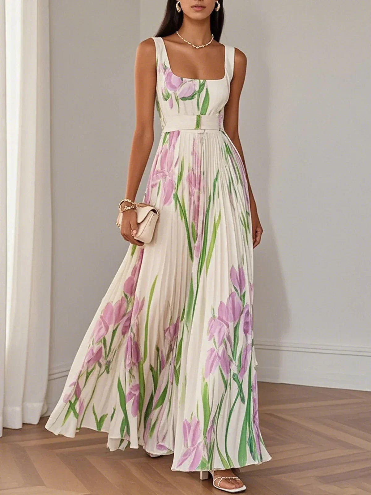 Women's Maxi Wedding Guest Dress Pleated V-Neck Long Sleeve