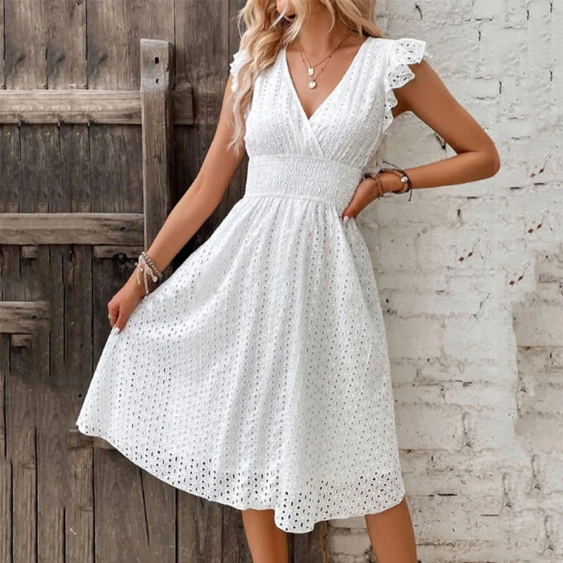 Womens Dress Polyester V-Neck Flare Sleeve Casual Summer Dress with Lace Details 1