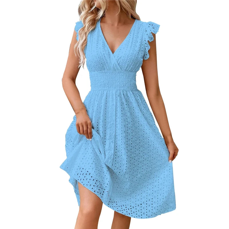 Womens Dress Polyester V-Neck Flare Sleeve Casual Summer Dress with Lace Details 4