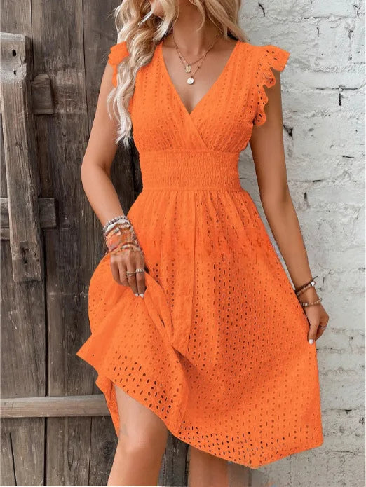 Womens Dress Polyester V-Neck Flare Sleeve Casual Summer Dress with Lace Details 8