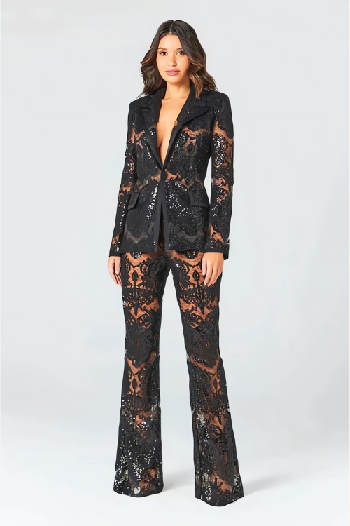 Women's Two-Piece Blazer Trousers Set | Sequin Detail