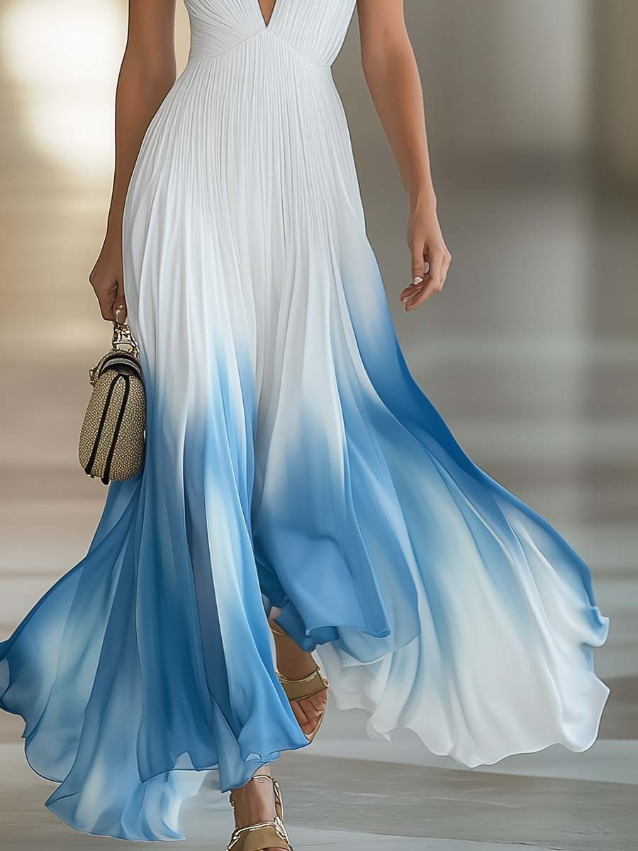 Women's Maxi Dress V-Neck Pleated Chiffon Blue Gradient White