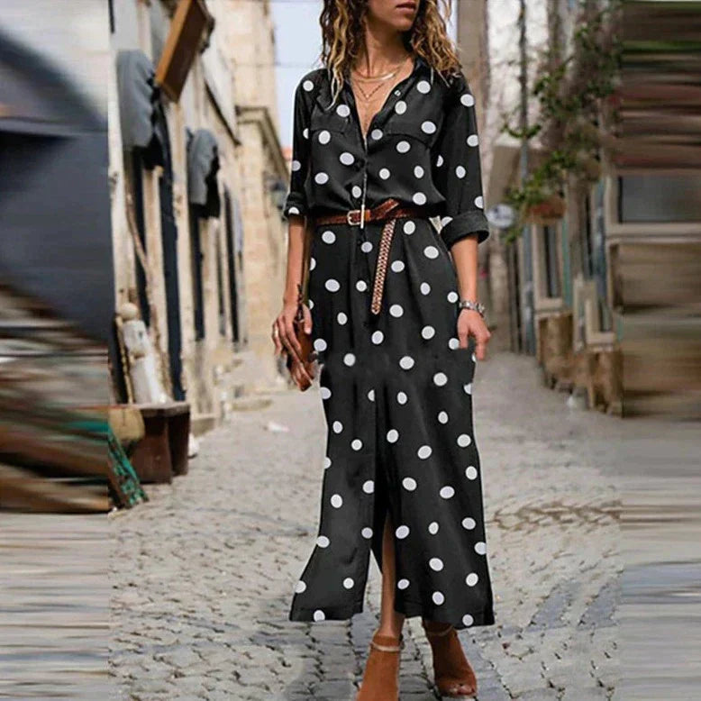 Women's Maxi Dress Long Sleeve Polka Dot Button-Down Shirt Dress