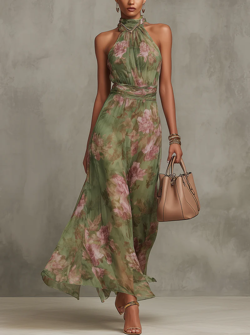 Women's Floral Halter Neck Maxi Dress