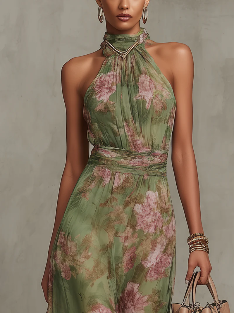 Women's Floral Halter Neck Maxi Dress