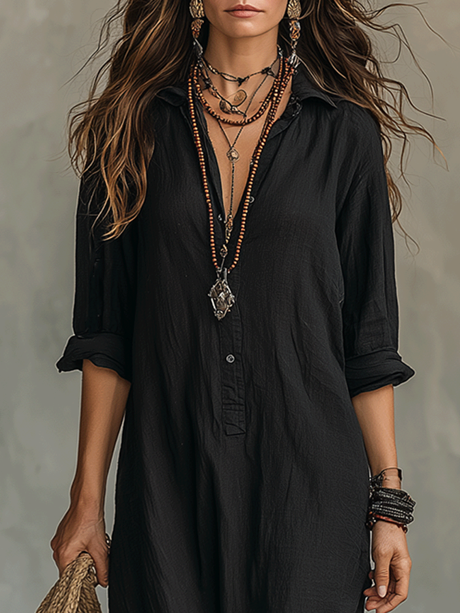 Women's Bohemian Maxi Dress Black Button-Front Detail Long Sleeve Casual