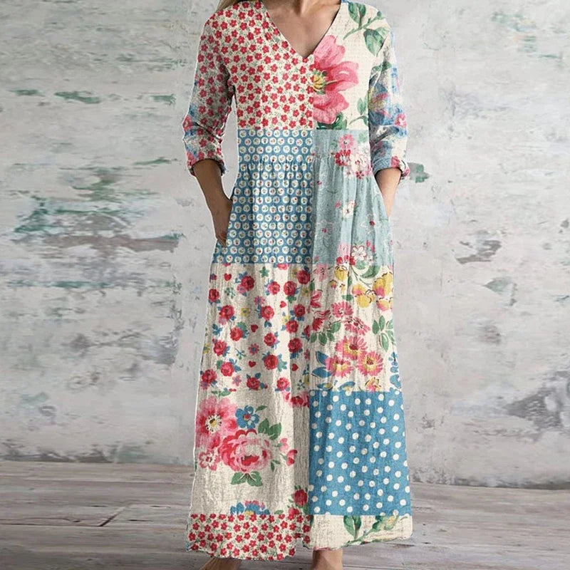 Women's Maxi Dress Retro Style V-Neck Long Sleeve Floral Print