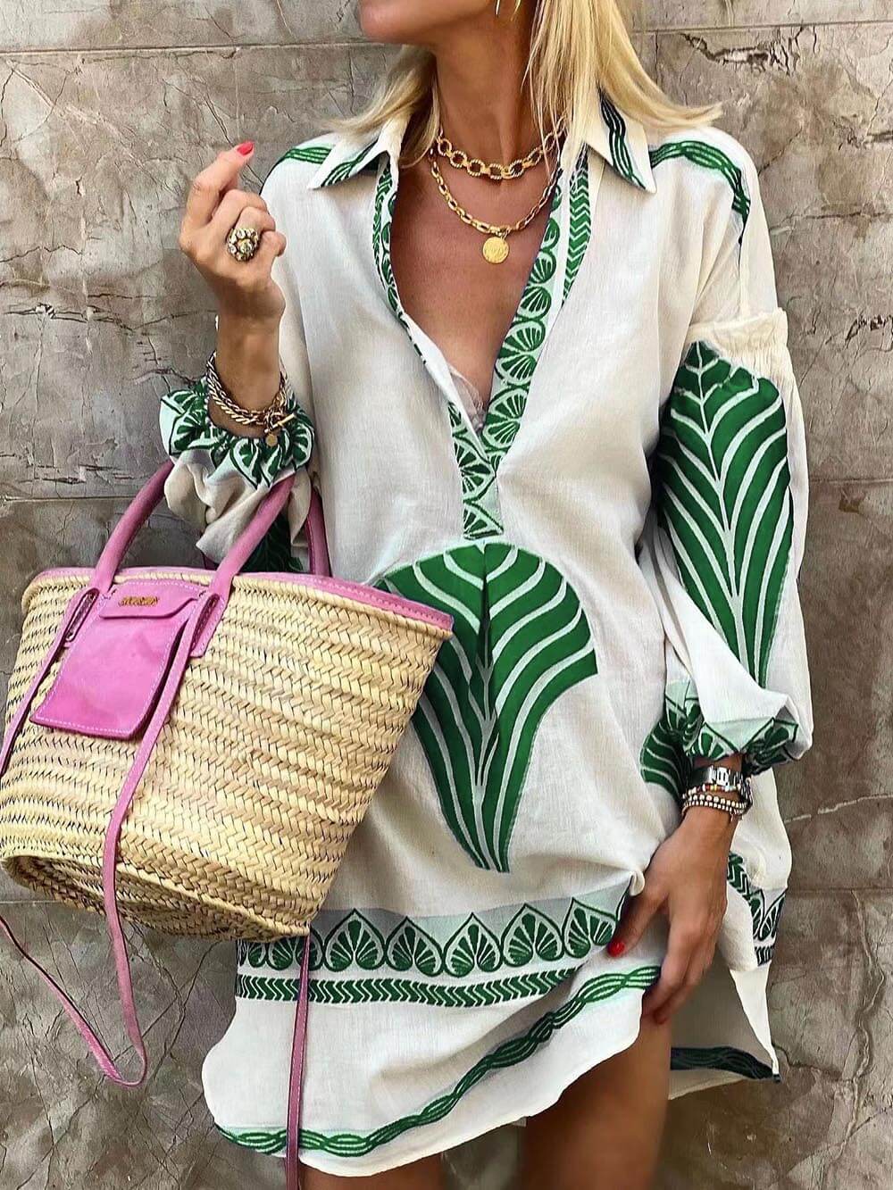 Women's Mini Dress V-Neck Long Sleeve Printed Casual