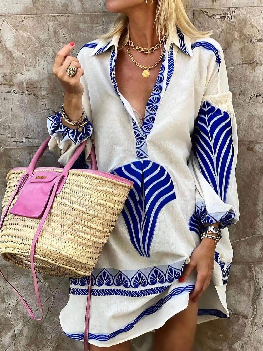 Women's Mini Dress V-Neck Long Sleeve Printed Casual