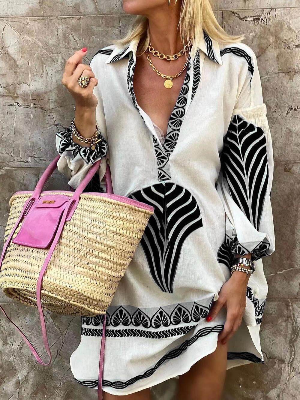 Women's Mini Dress V-Neck Long Sleeve Printed Casual