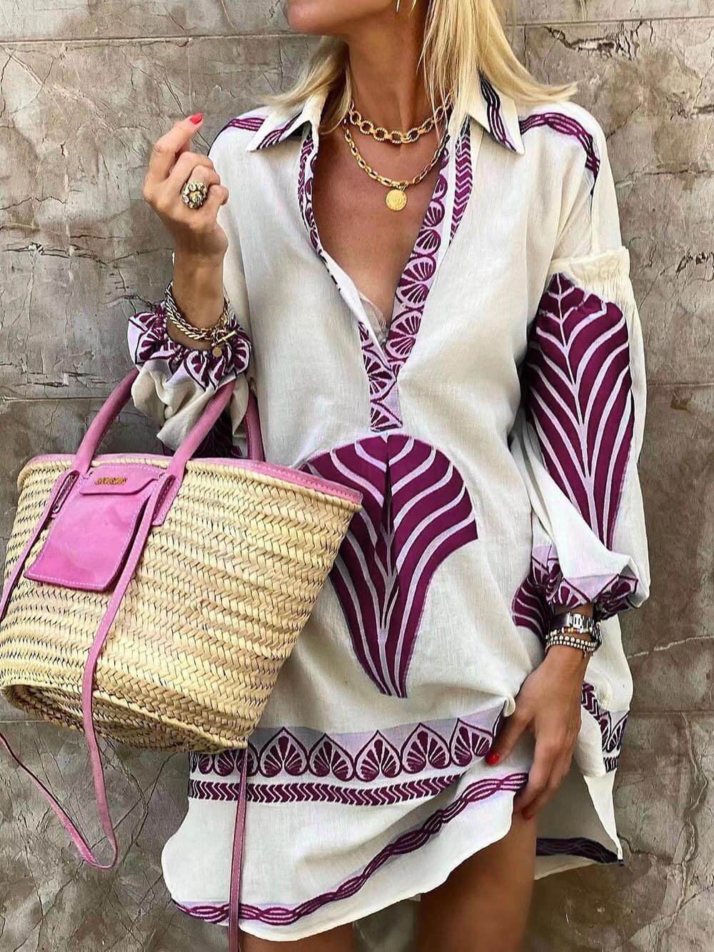 Women's Mini Dress V-Neck Long Sleeve Printed Casual