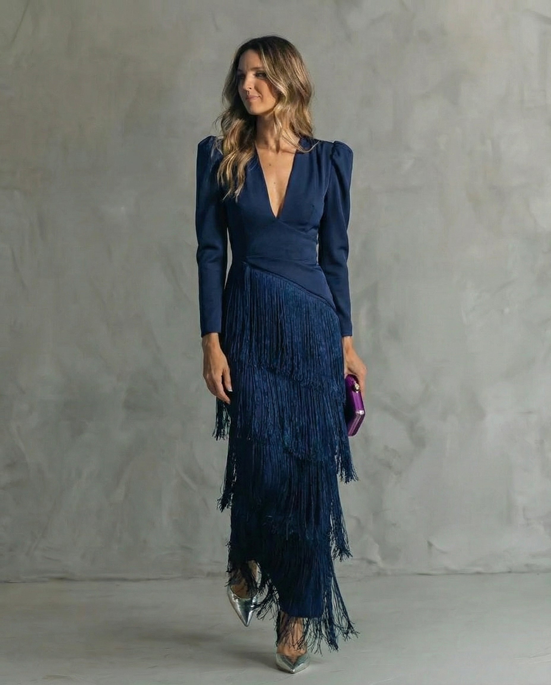 Women's Maxi Dress V-Neck Fringe Design