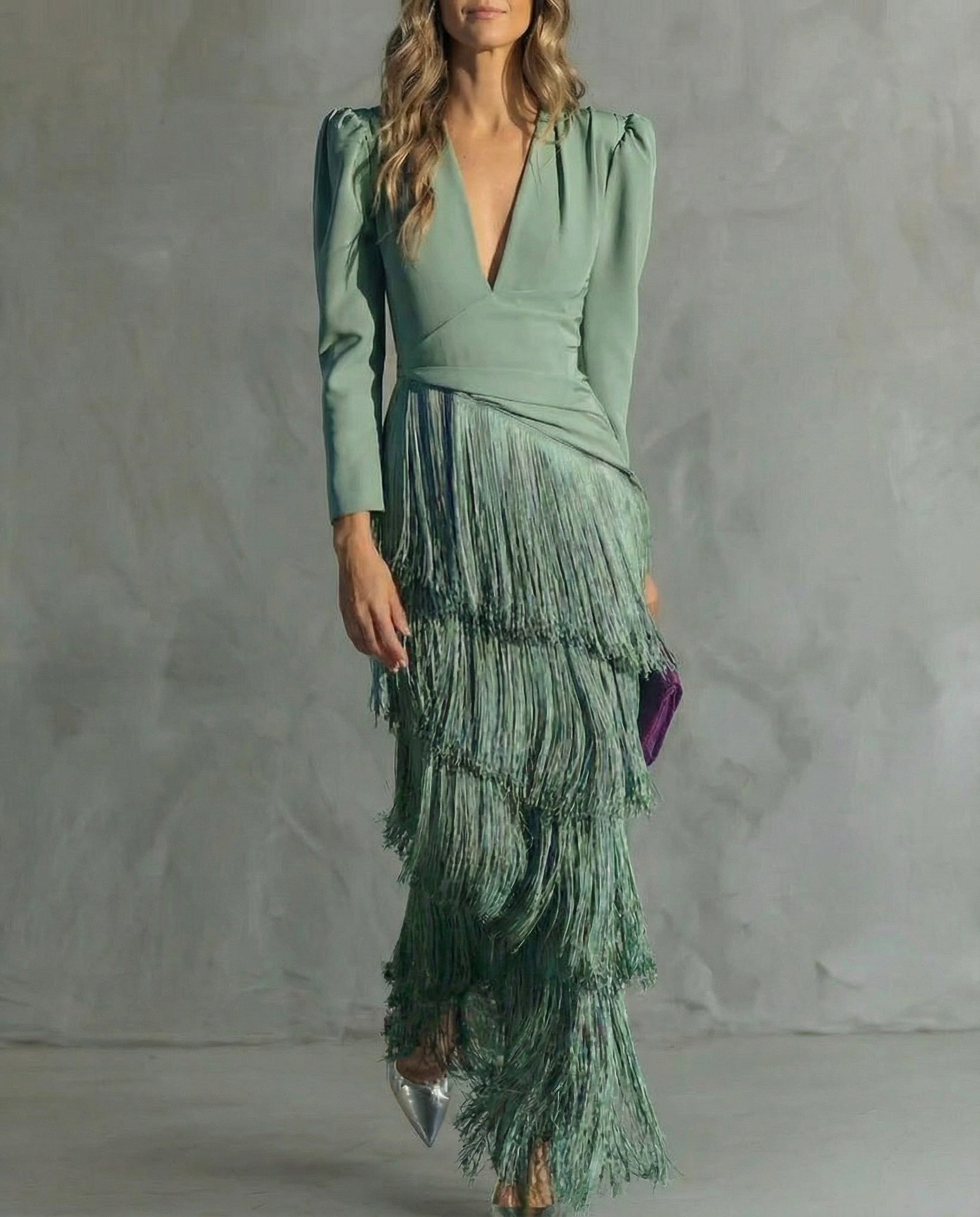 Women's Maxi Dress V-Neck Fringe Design