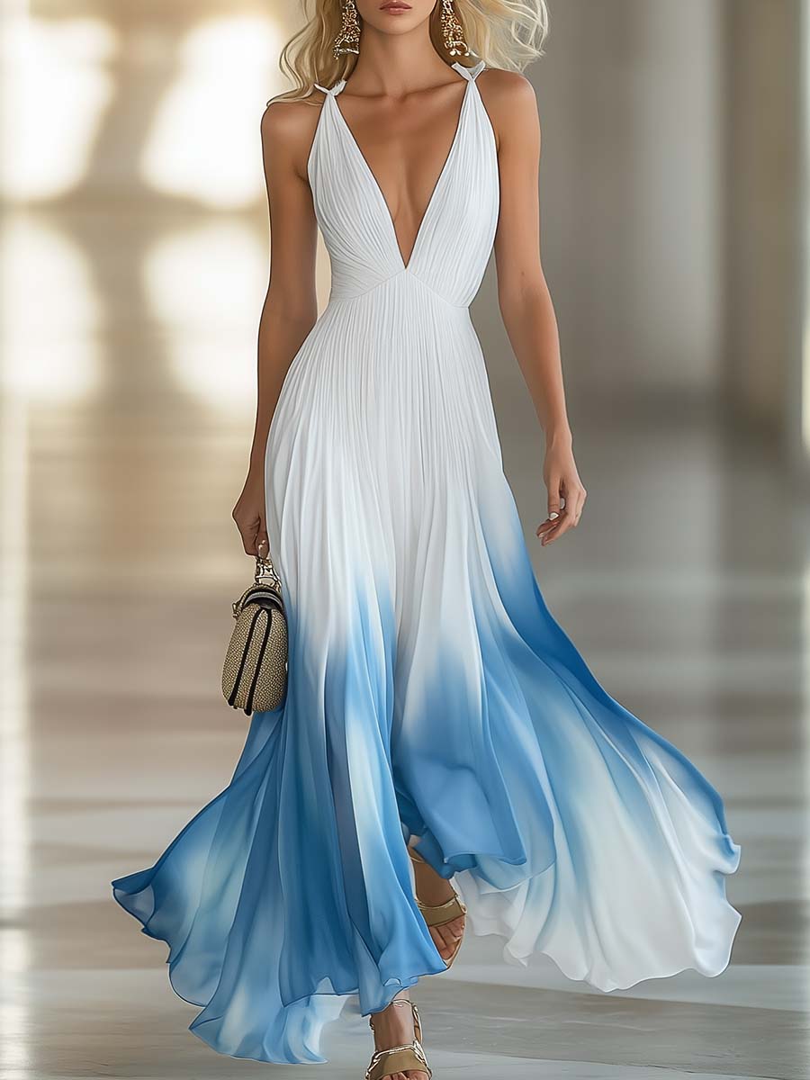 Women's Maxi Dress V-Neck Pleated Chiffon Blue Gradient White