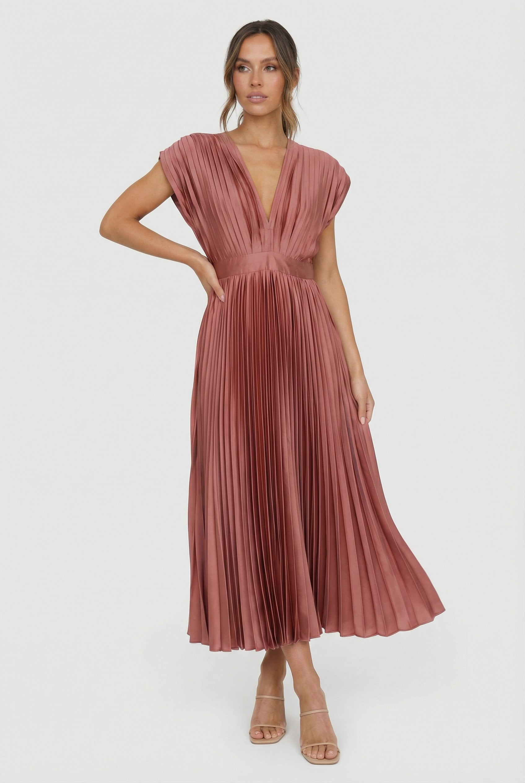 Women's Maxi Dress Pleated V-Neck Sleeveless