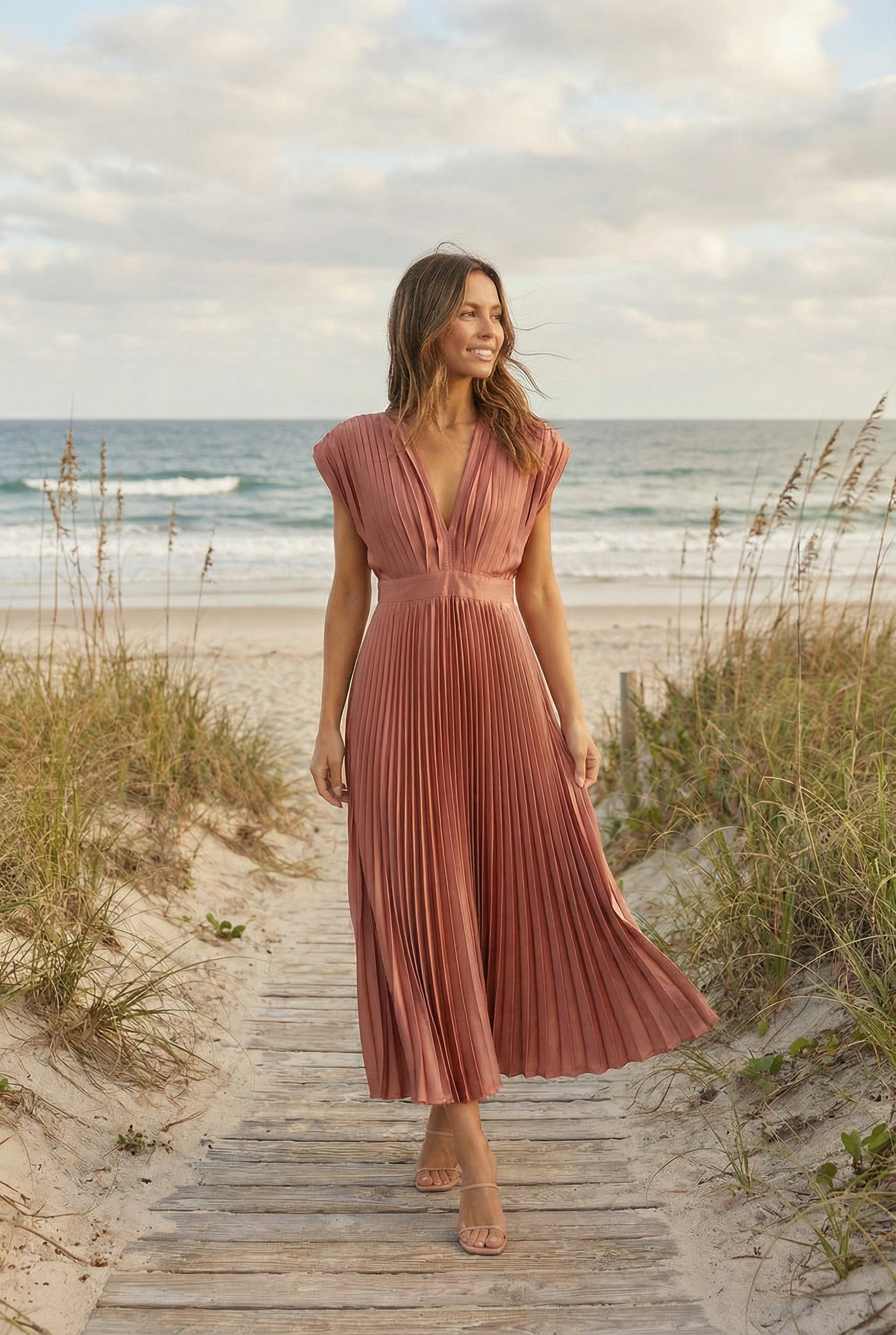 Women's Maxi Dress Pleated V-Neck Sleeveless