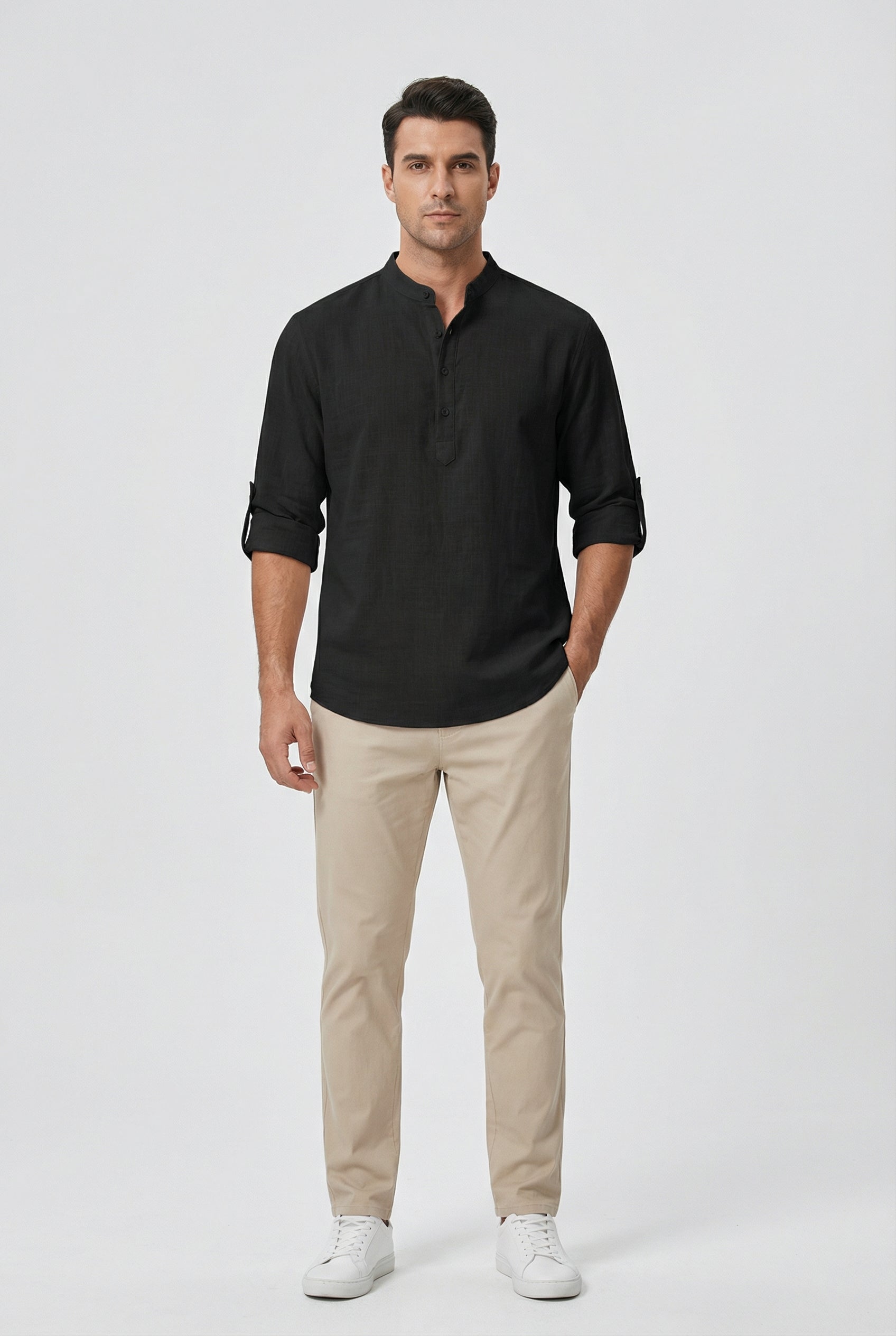 Men's Summer Shirt Linen Breathable Rolled-Up Sleeves