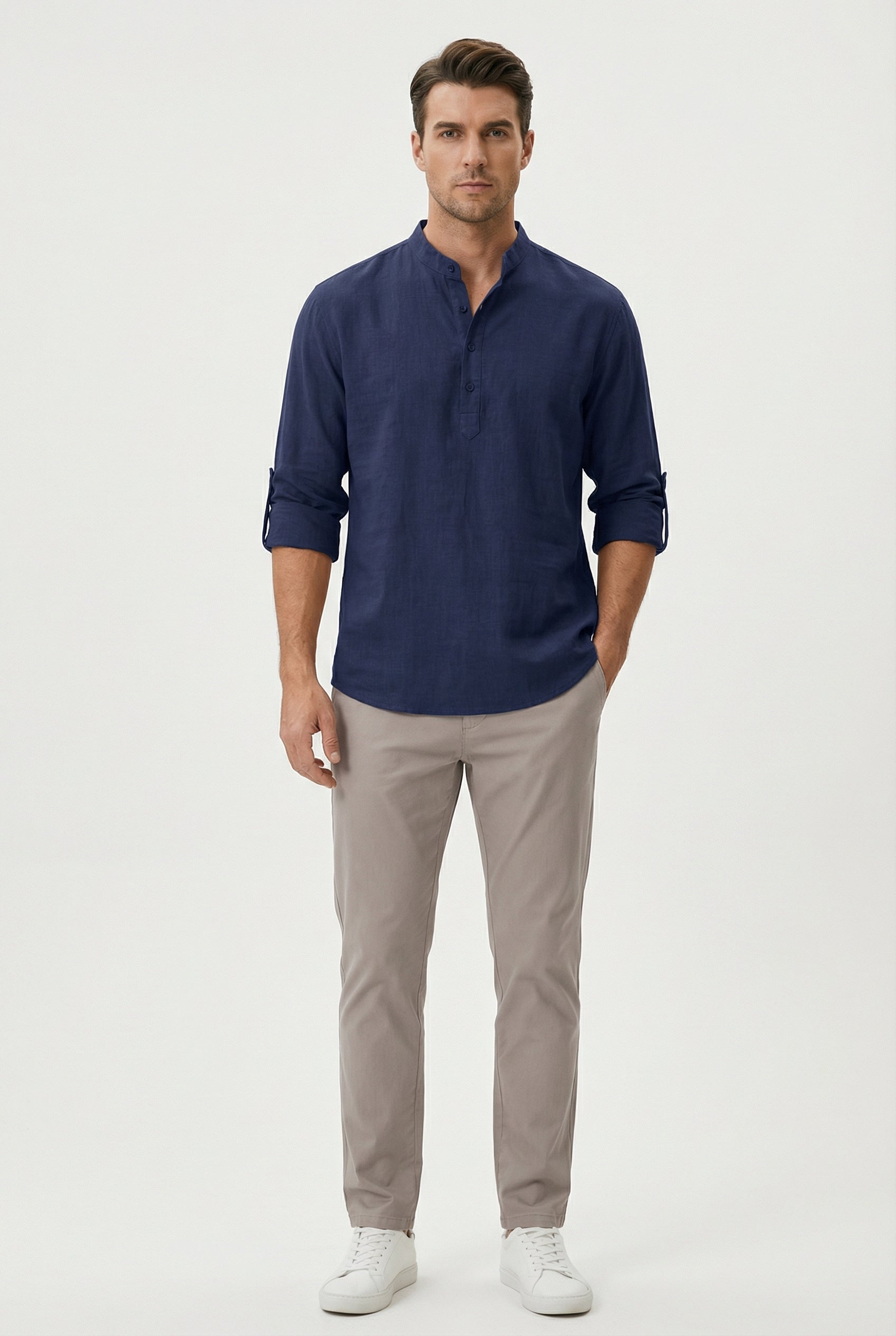 Men's Summer Shirt Linen Breathable Rolled-Up Sleeves