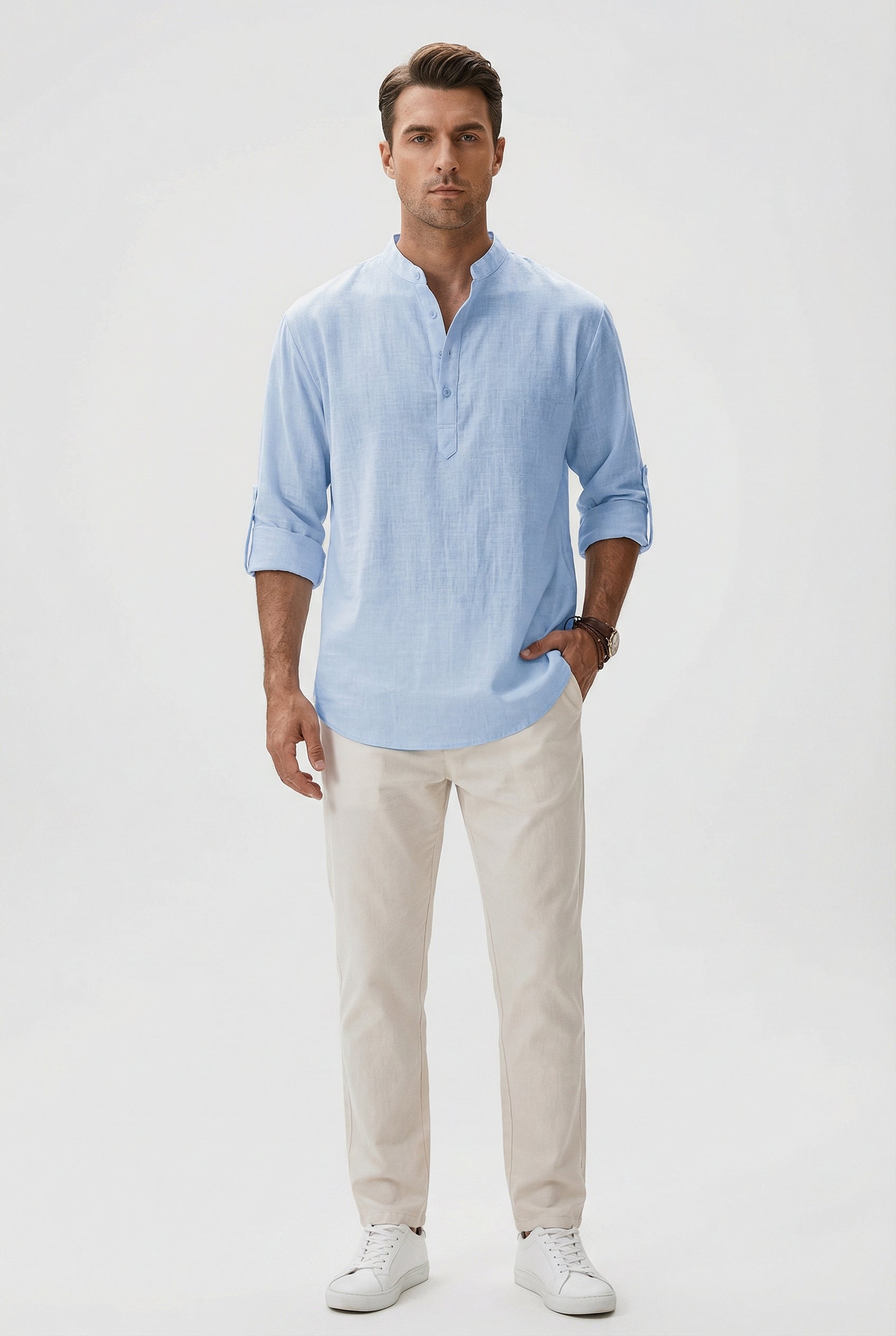 Men's Summer Shirt Linen Breathable Rolled-Up Sleeves