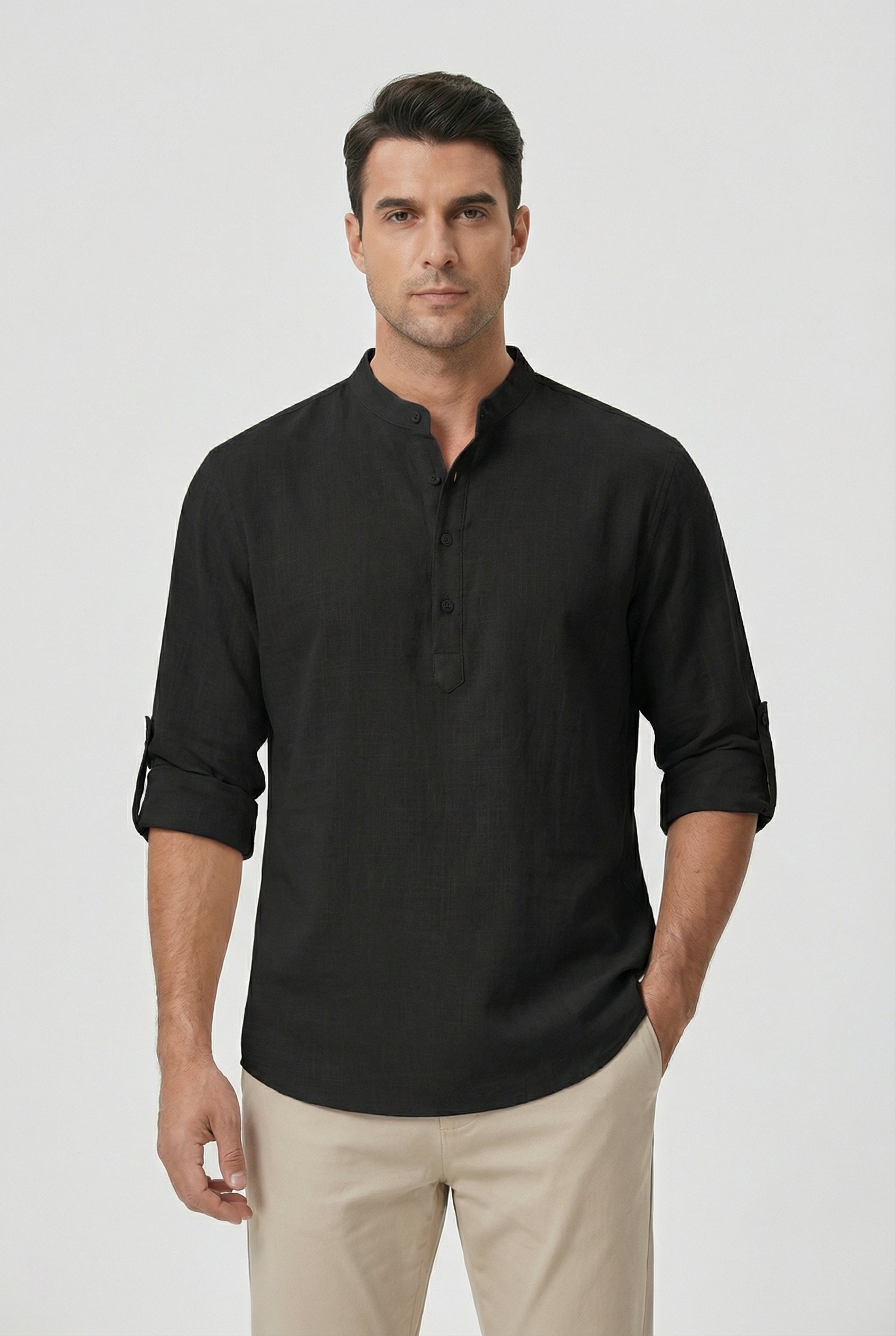 Men's Summer Shirt Linen Breathable Rolled-Up Sleeves
