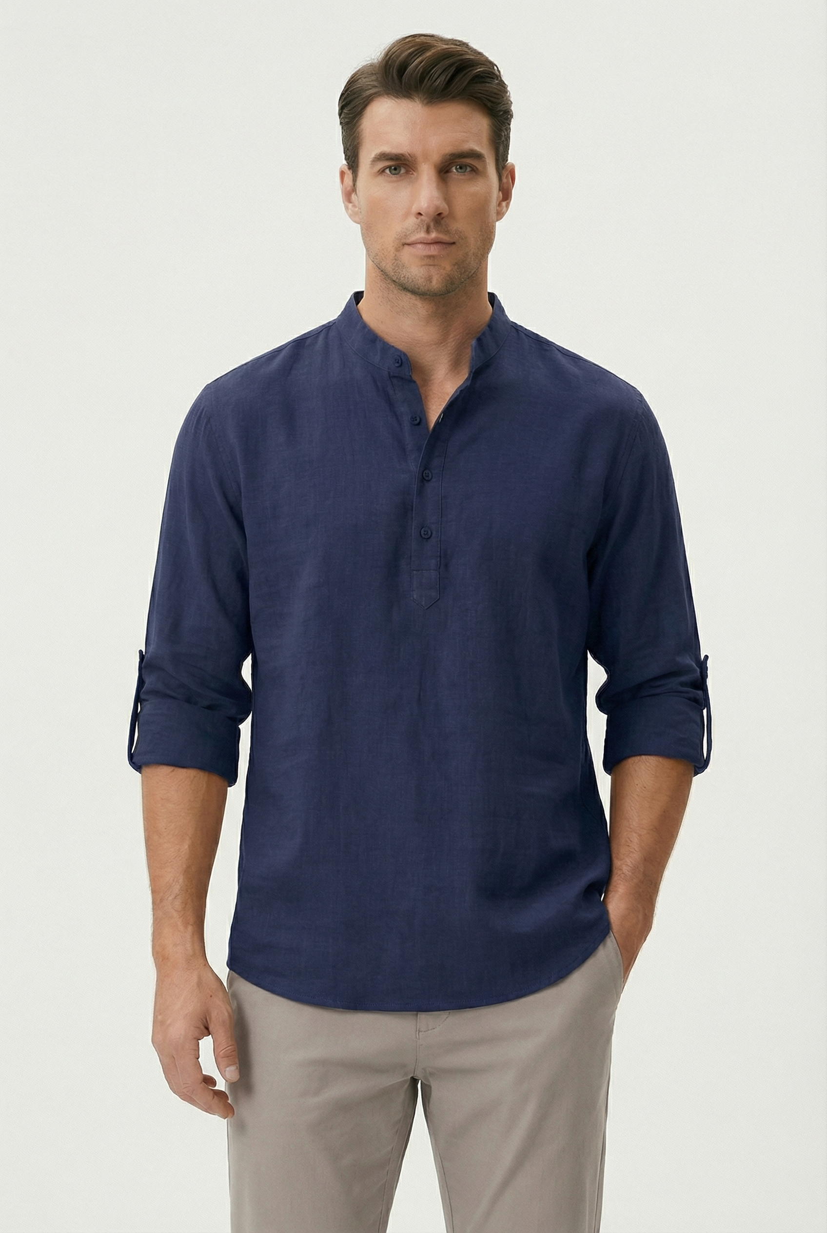 Men's Summer Shirt Linen Breathable Rolled-Up Sleeves