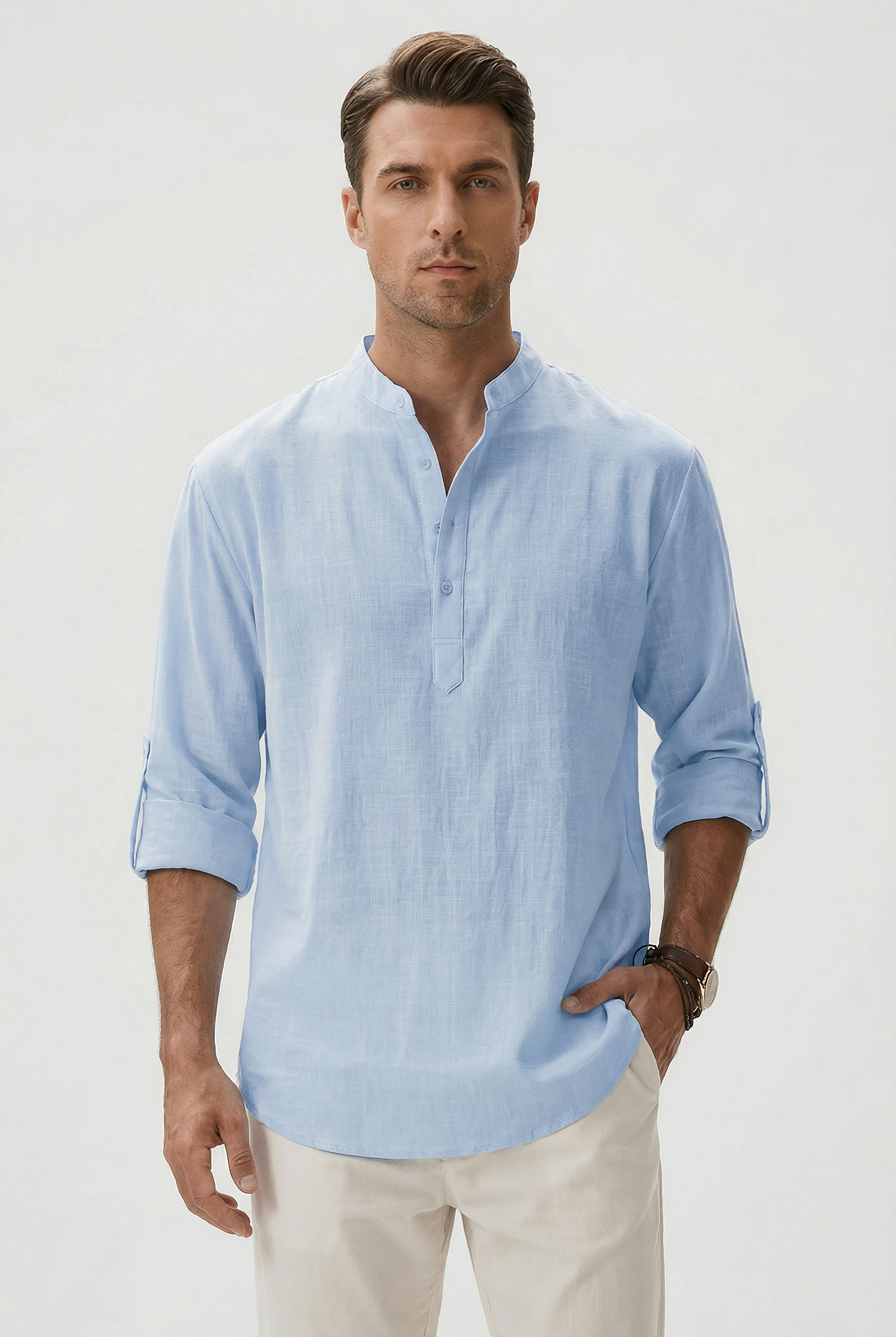 Men's Summer Shirt Linen Breathable Rolled-Up Sleeves