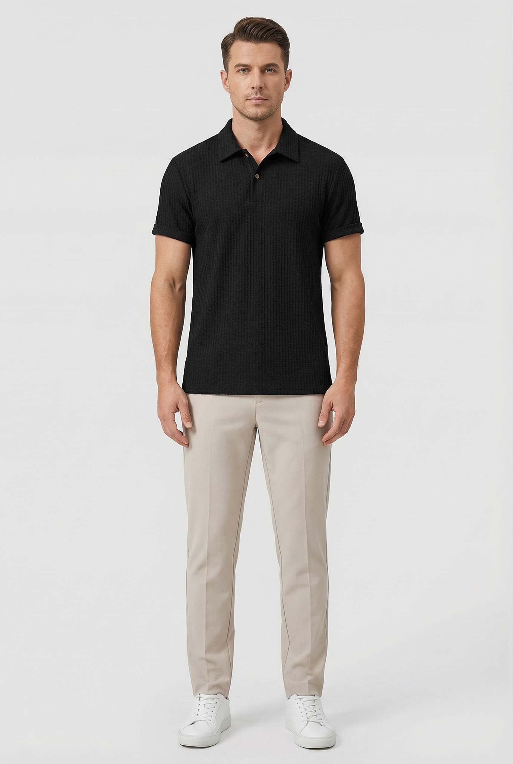 Men's Polo Shirt Waffle Knit Breathable Fabric Relaxed Fit with Turn-Down Collar
