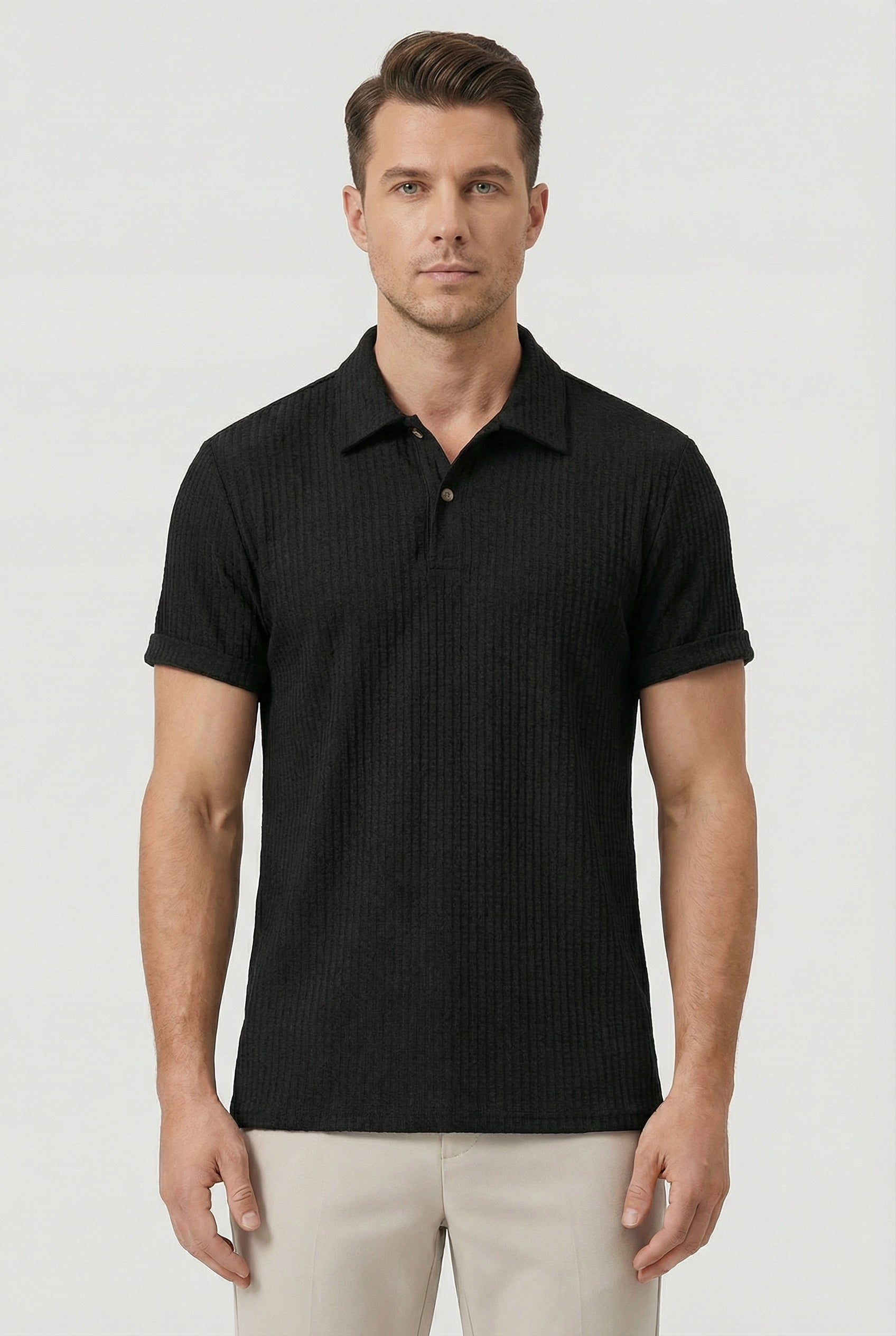 Men's Polo Shirt Waffle Knit Breathable Fabric Relaxed Fit with Turn-Down Collar
