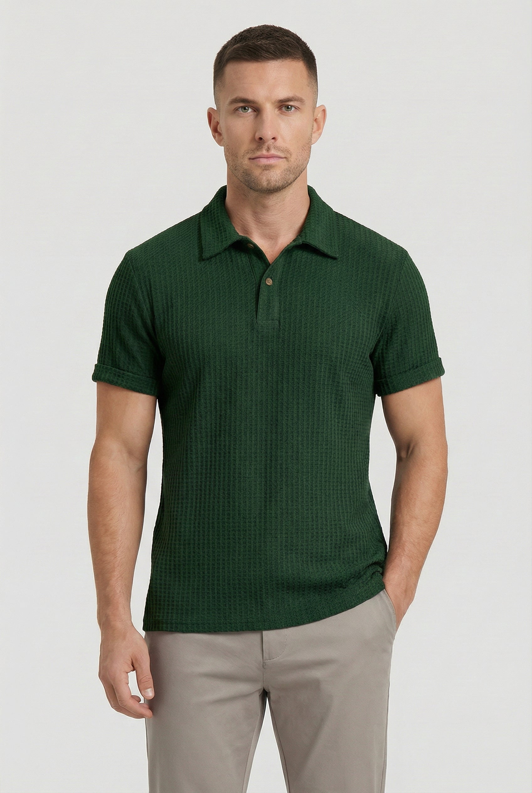 Men's Polo Shirt Waffle Knit Breathable Fabric Relaxed Fit with Turn-Down Collar