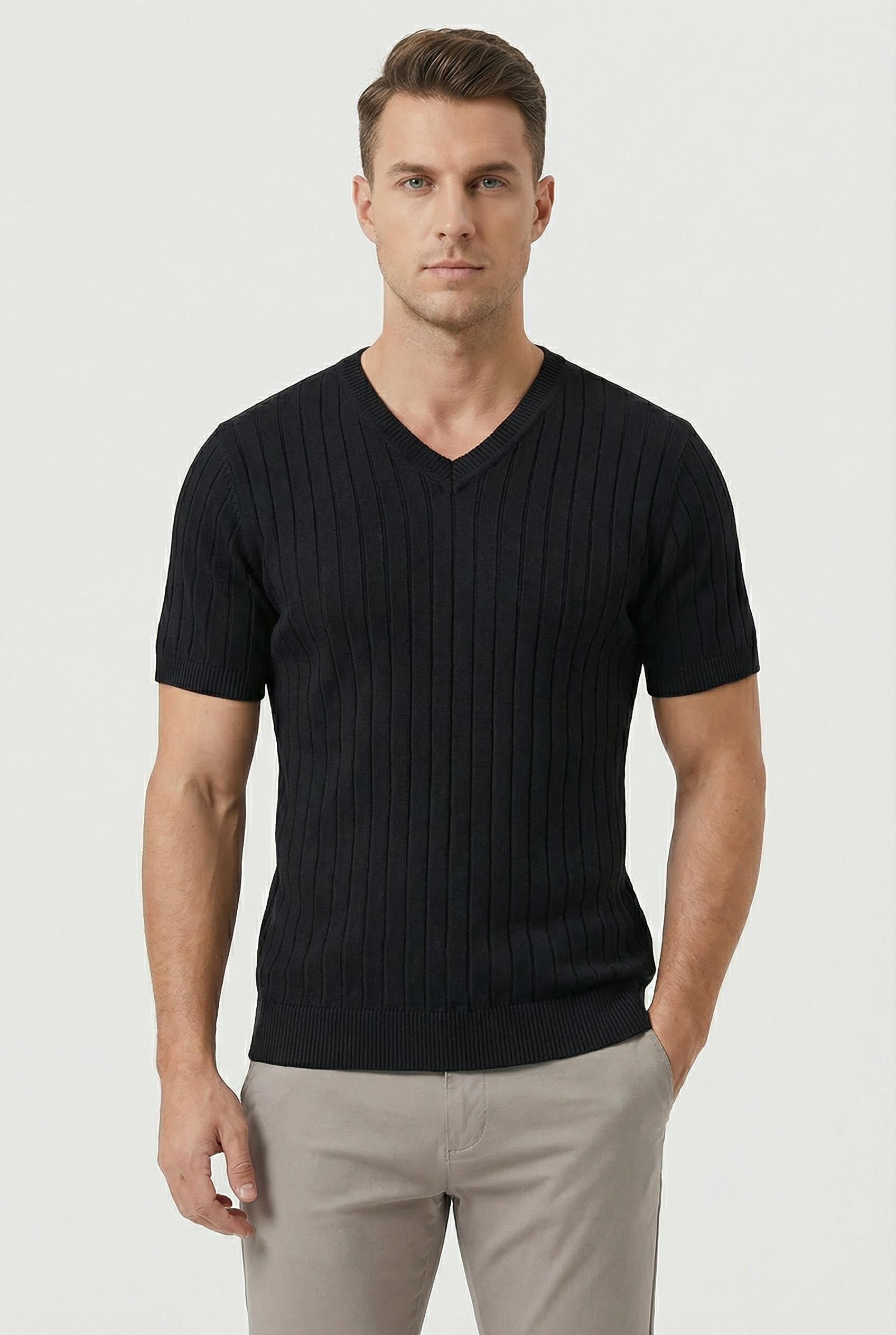 Men's T Shirt Ribbed Knit Soft Stretch V-Neck Short Sleeve Casual Wear