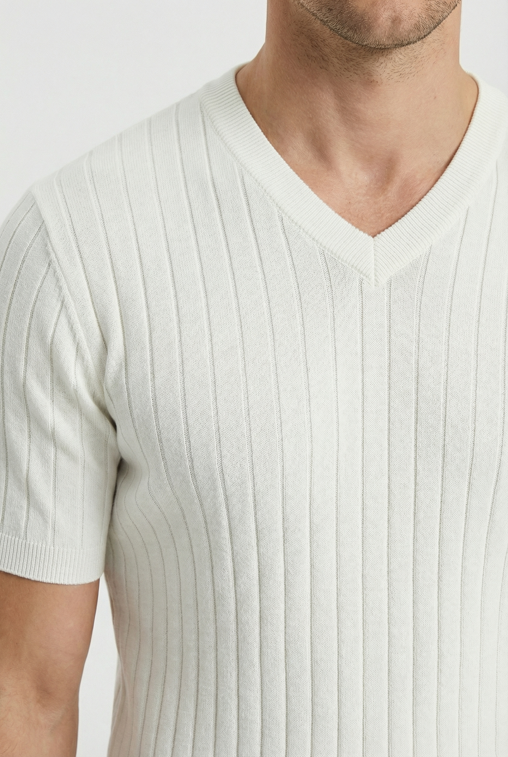 Men's T Shirt Ribbed Knit Soft Stretch V-Neck Short Sleeve Casual Wear