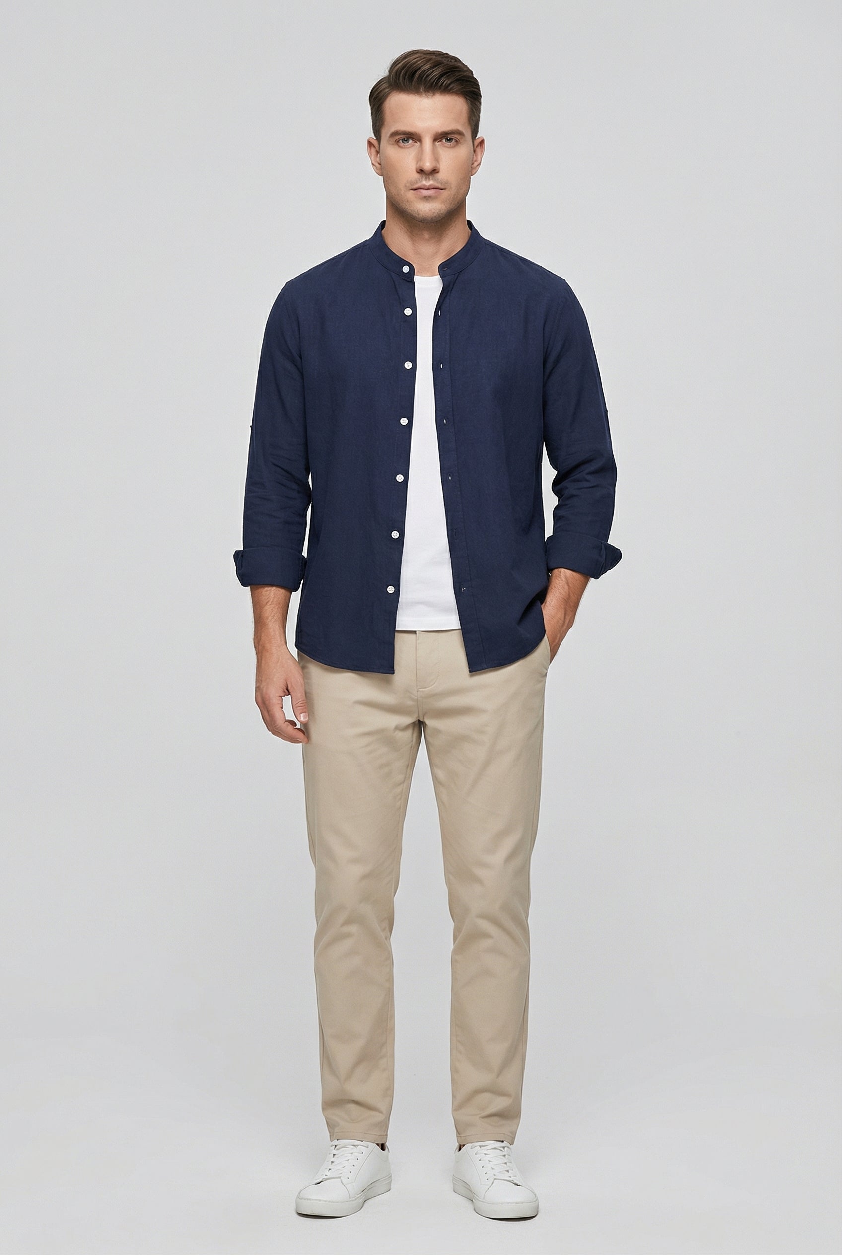 Men's Shirt Linen Relaxed Fit Mandarin Collar Lightweight Casual