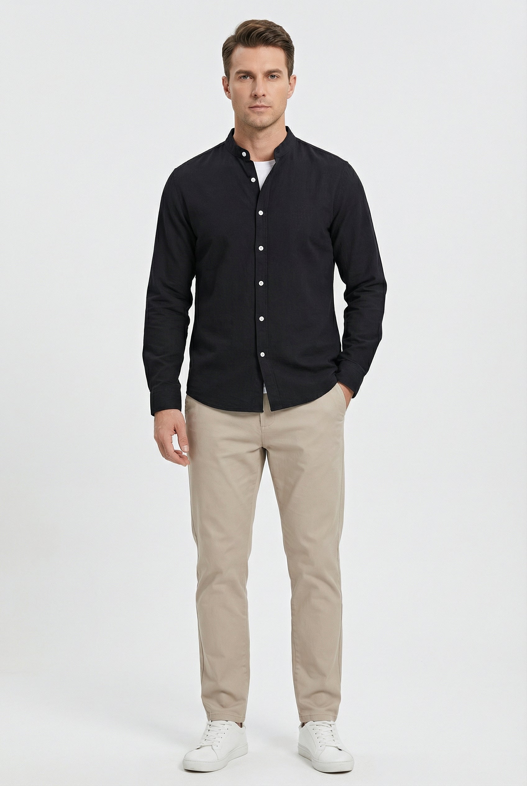 Men's Shirt Linen Relaxed Fit Mandarin Collar Lightweight Casual