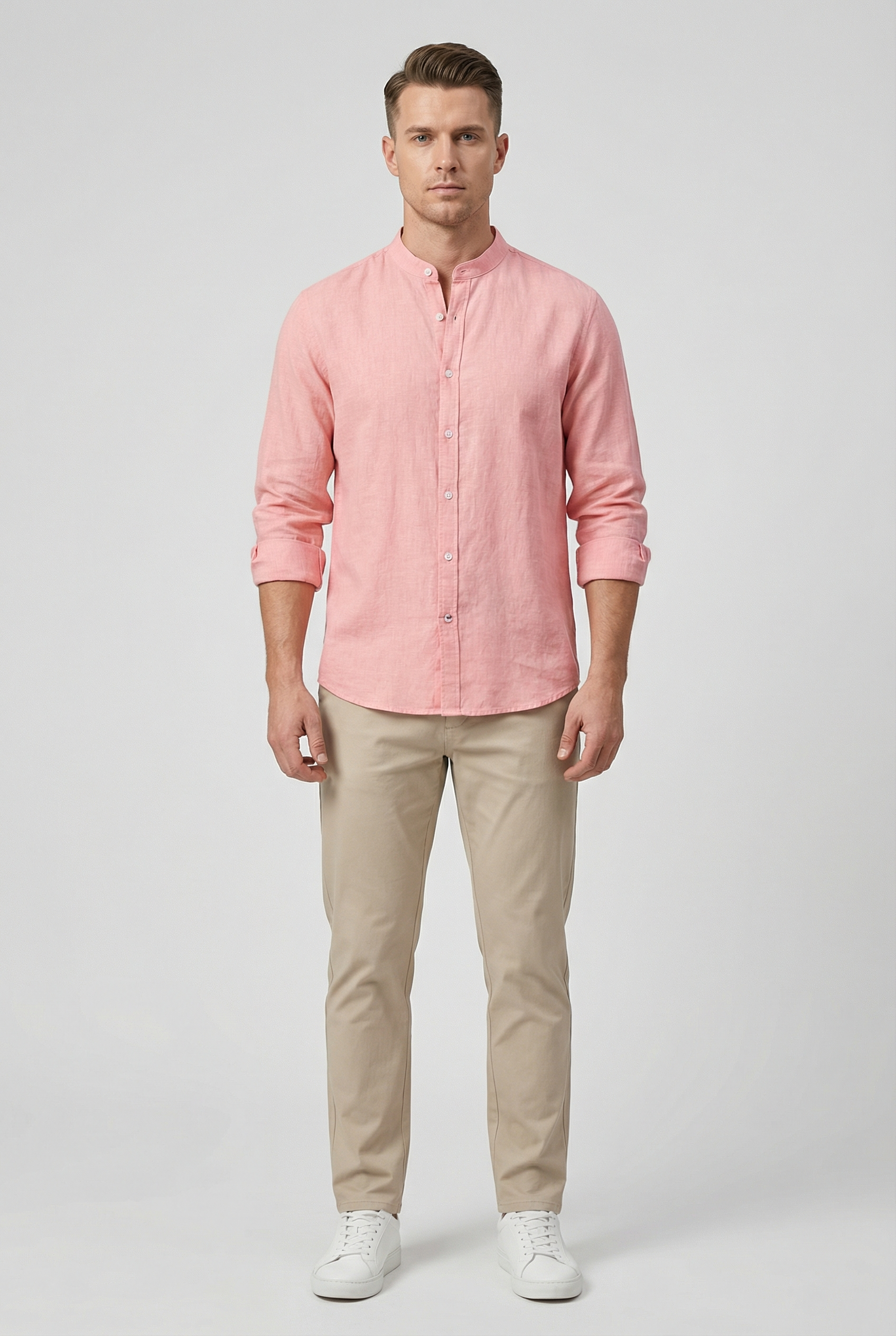 Men's Shirt Linen Relaxed Fit Mandarin Collar Lightweight Casual