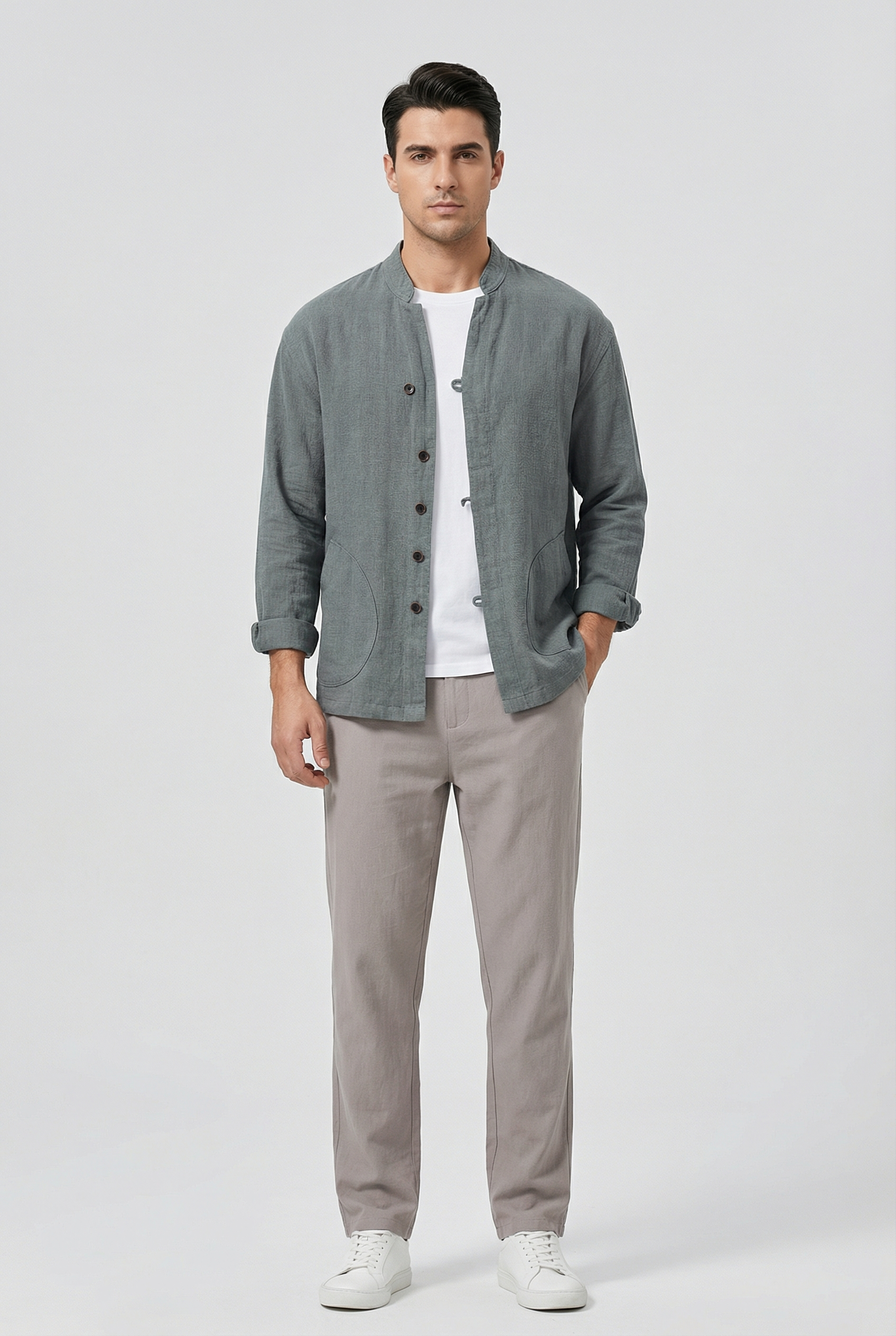 Men's Shirt Jacket Linen Relaxed Fit Mandarin Collar Long Sleeve Casual Layering