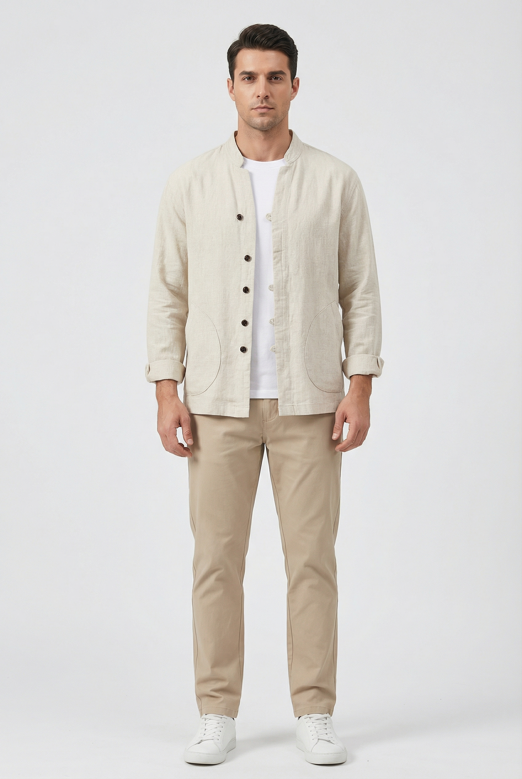 Men's Shirt Jacket Linen Relaxed Fit Mandarin Collar Long Sleeve Casual Layering