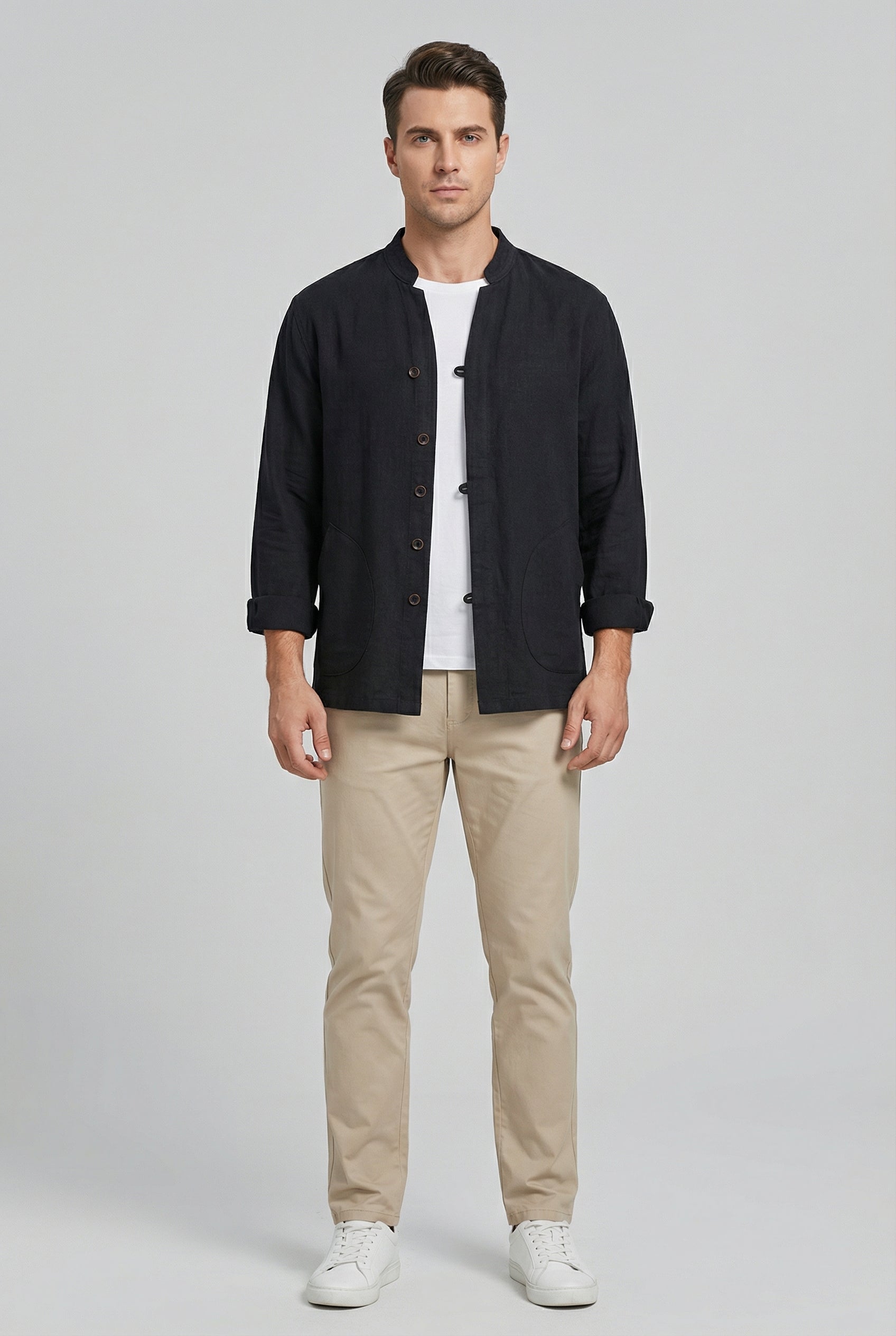 Men's Shirt Jacket Linen Relaxed Fit Mandarin Collar Long Sleeve Casual Layering