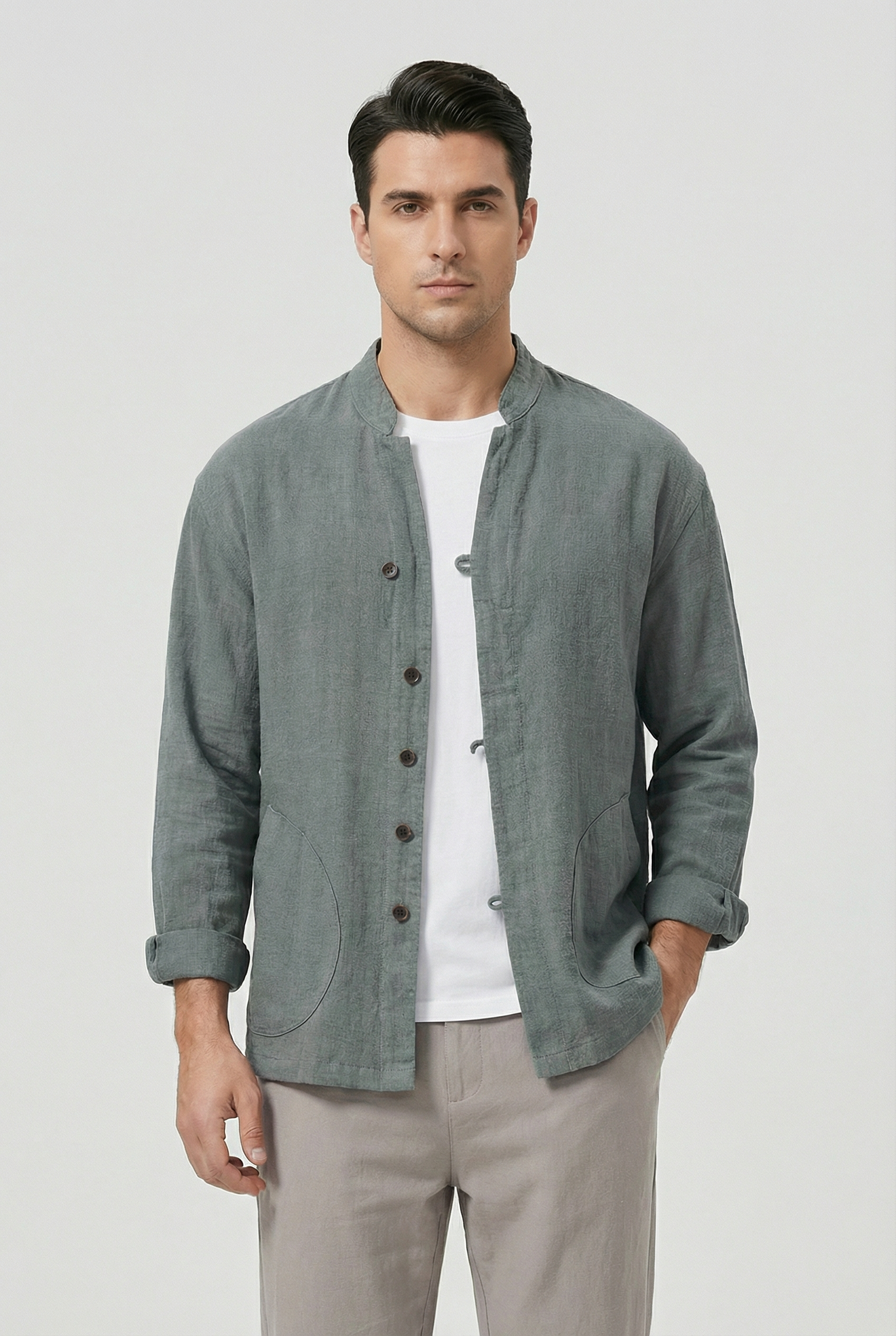 Men's Shirt Jacket Linen Relaxed Fit Mandarin Collar Long Sleeve Casual Layering