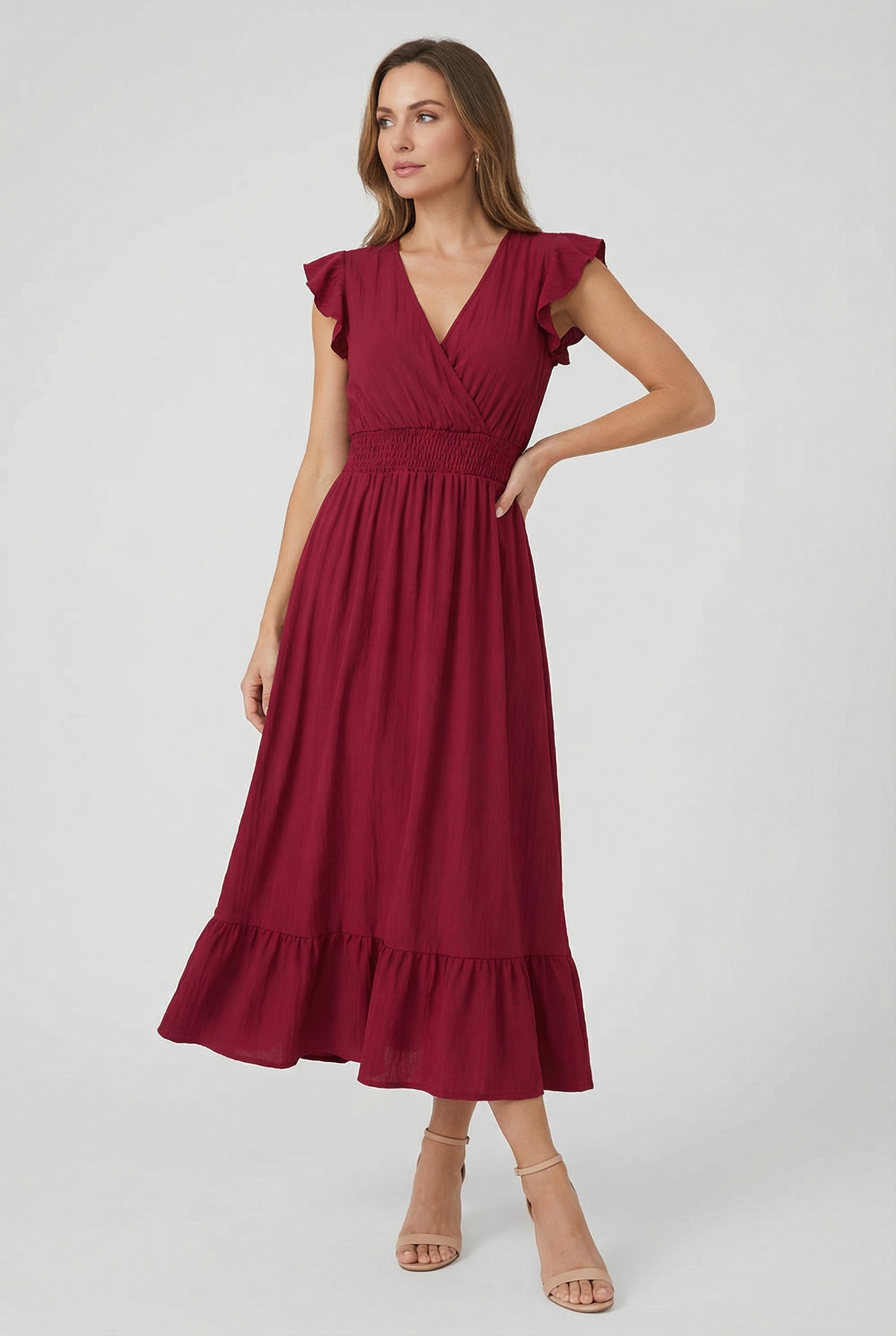 Womens Dress Blend Deep V-Neck Ruffled A-Line Formal Dress