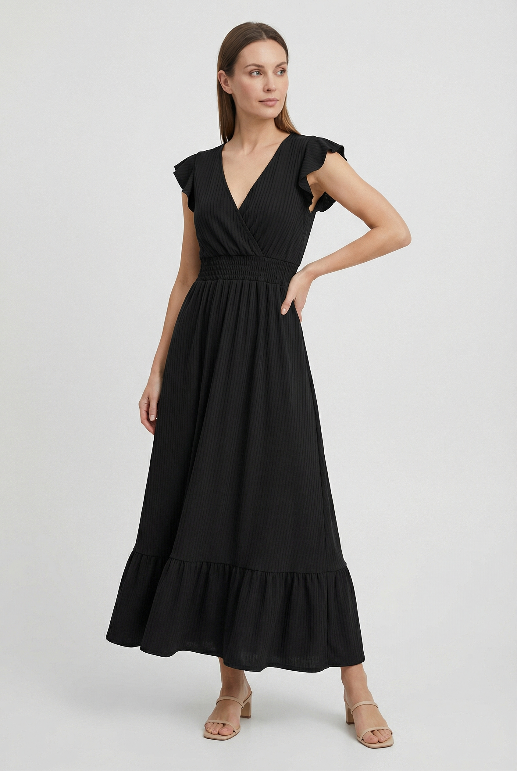 Womens Dress Blend Deep V-Neck Ruffled A-Line Formal Dress