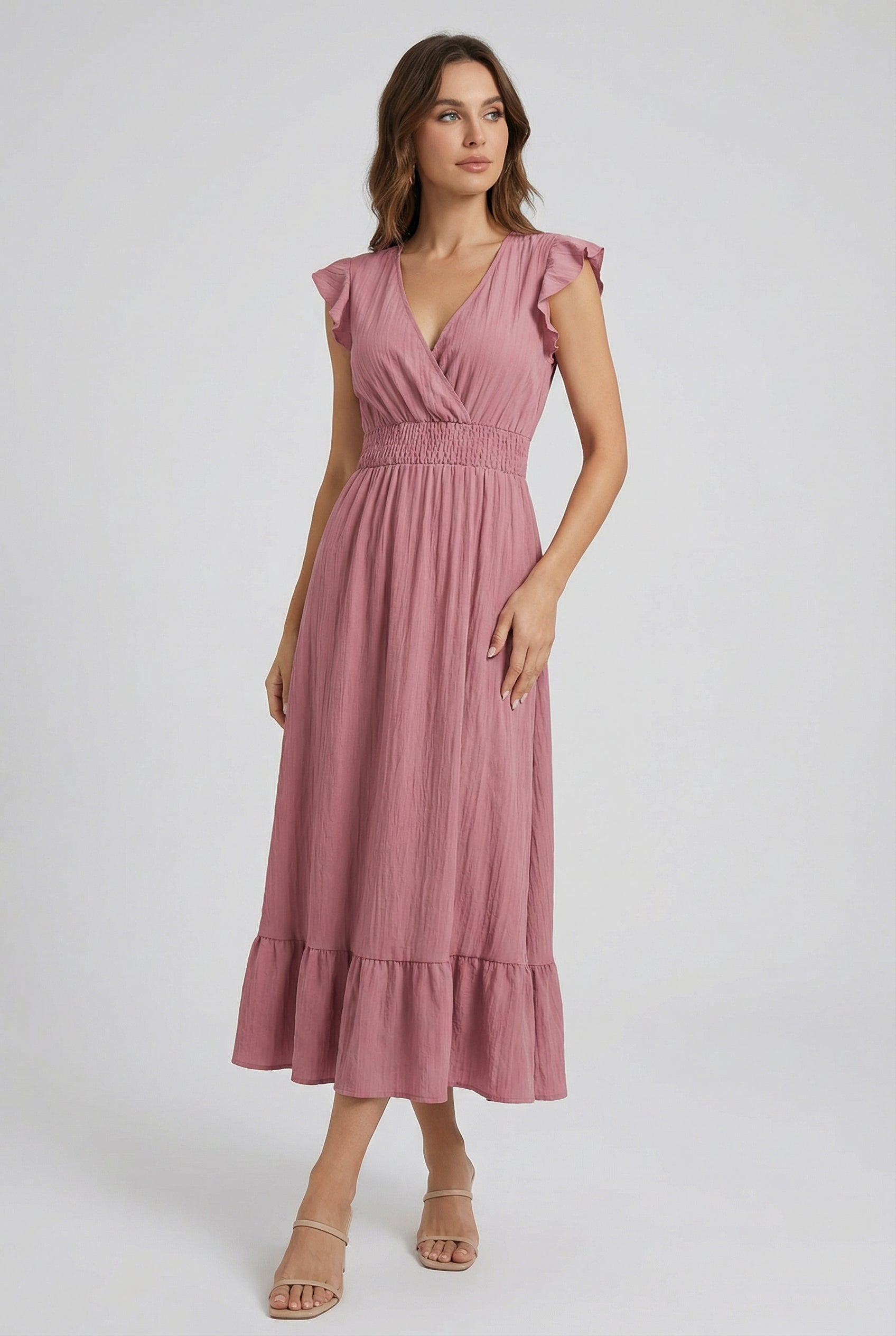 Womens Dress Blend Deep V-Neck Ruffled A-Line Formal Dress