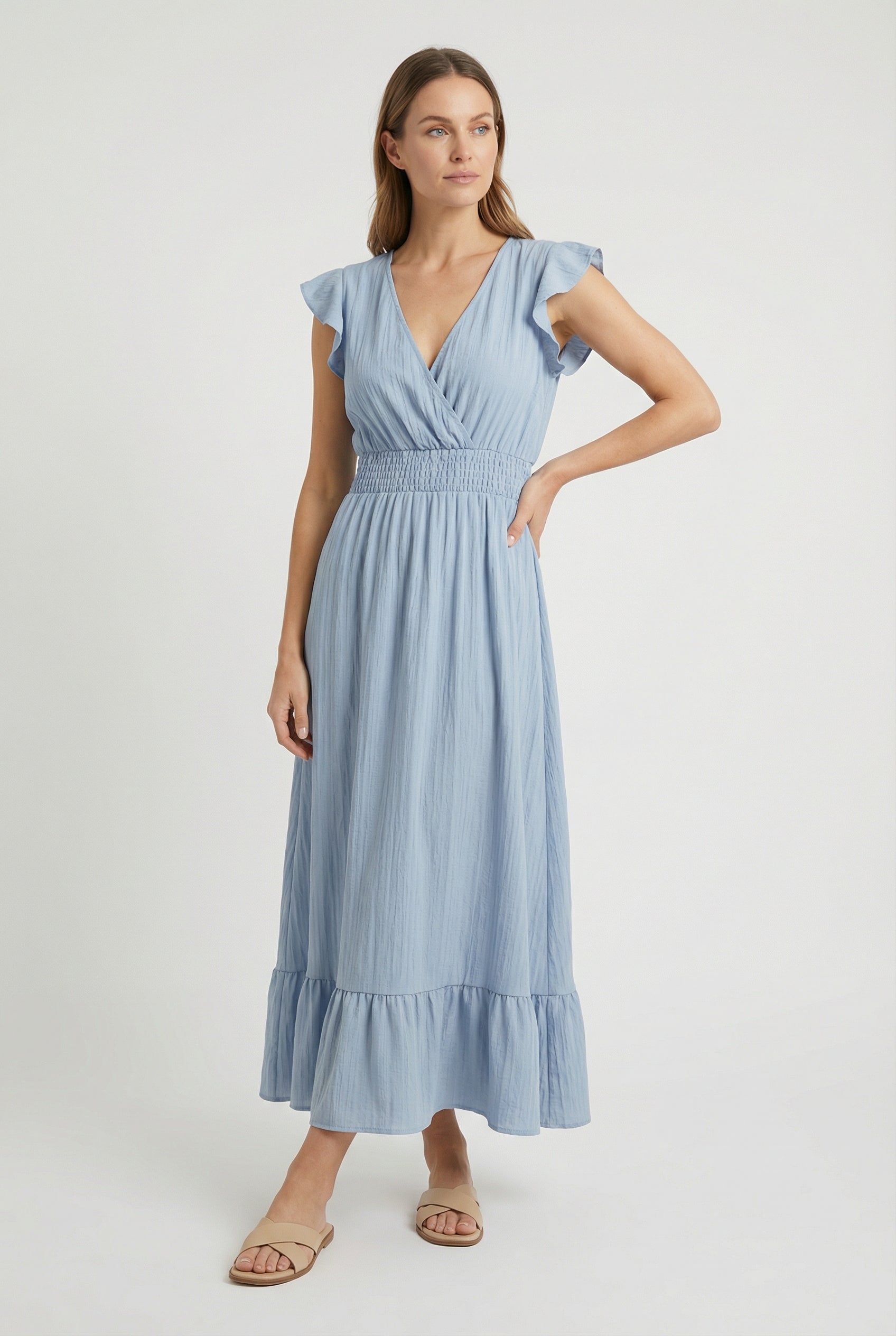 Womens Dress Blend Deep V-Neck Ruffled A-Line Formal Dress