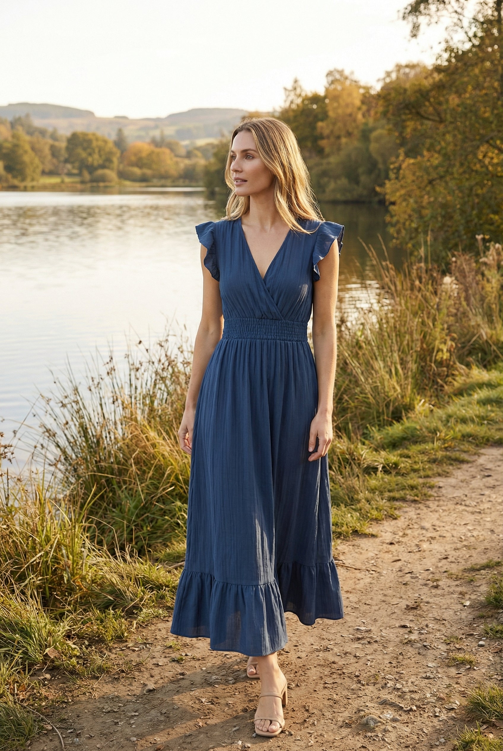 Womens Dress Blend Deep V-Neck Ruffled A-Line Formal Dress