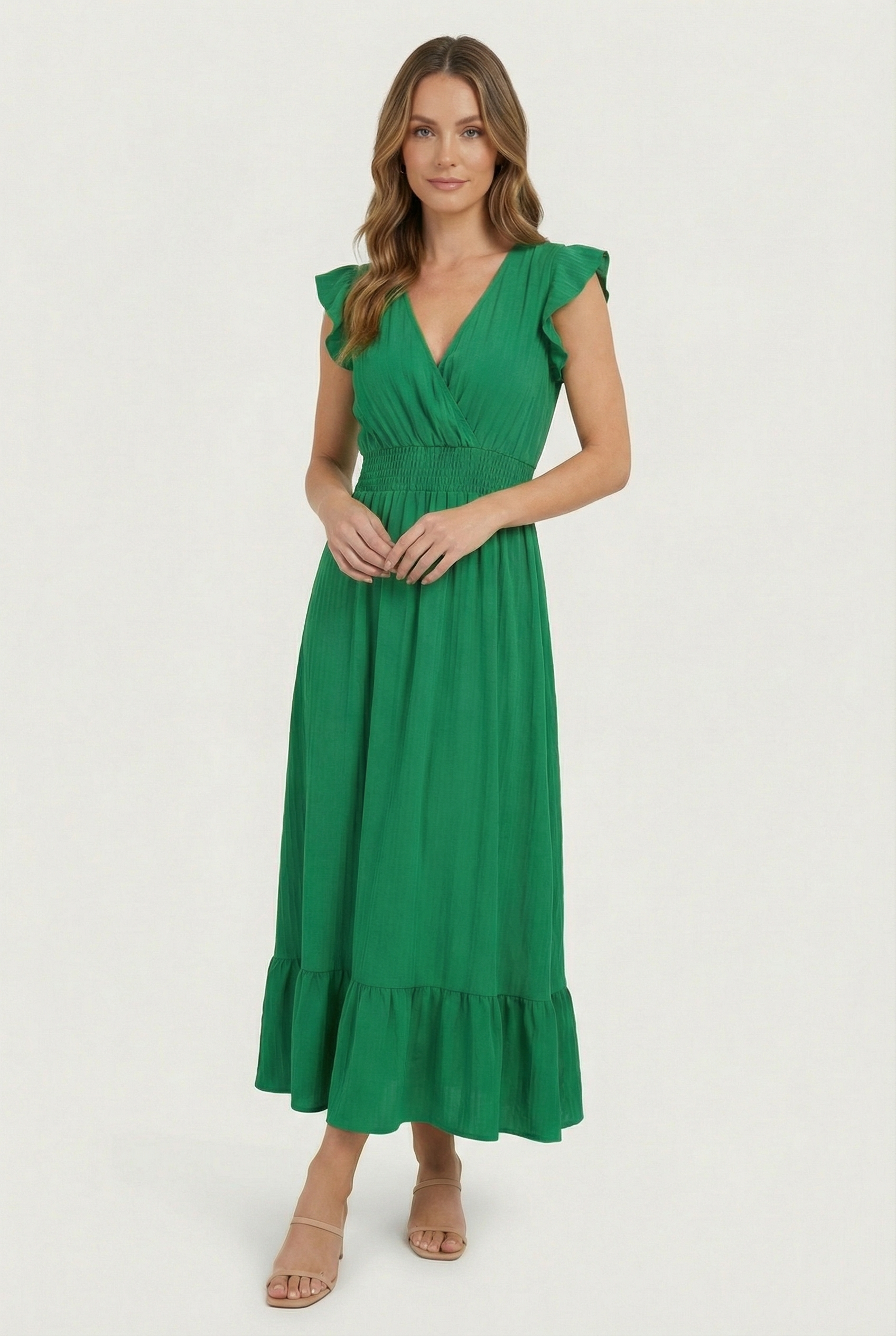 Womens Dress Blend Deep V-Neck Ruffled A-Line Formal Dress